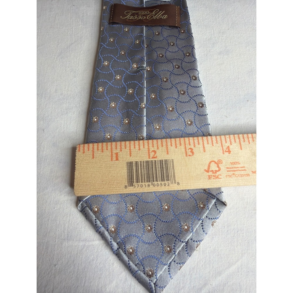 Tasso Elba Mens Silk Tie Blue Silver Geometric Medallion Pattern Classic Necktie - Picture 3 of 3